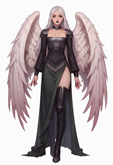 score_9, score_8_up, score_7_up, score_6_up, 
masterpiece, 
ultra detailed, 
volumetric light, 
photo-realistic, 
high quality, 
(best quality:1.2), 
1 winged girl, solo, standing, (full-body),
{{{white background:1.5}}}, 
{{{no objets in background}}}, 
simple background, 
solid White background, 
plain background,
(winged),
flat chest, 
posing, 
presenting, 
seductive, 
slender body, 
slim hips, 
small breasts,
Angel Wings, 
Feather Wings, 
Armor, 
Shoulder Armor, 
Black dress,
Green Skirt, 
Corset, 
Thigh Boots
AVACYN, 
very long hair,
white hair,
black lipstick,
intricate details, realistic, 
FaceDetail, stunning,
green eyes,