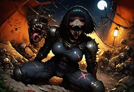 safe_pos, score_9, score_8_up, score_7_up, score_6_up, source_cartoon, rating_explicit ,
g0thicPXL, 1girl, vaultmeat shad, pose, black hair, short hair, bob cut, bangs, black eyeshadow, fallout, large breasts, abs, toned, sweating, freckles, wasteland, city ruins, tent, camping, moon, stars, night, lantern, chinese stealth suit, skin tight, covered breasts, armor, bodysuit, science fiction, (fully clothed, full armor:1.2), stealth, stealth suit, teeth, tongue, open mouth, horror, blood, (((stiches, scars))), black tongue, very long tongue, black tears, full body,