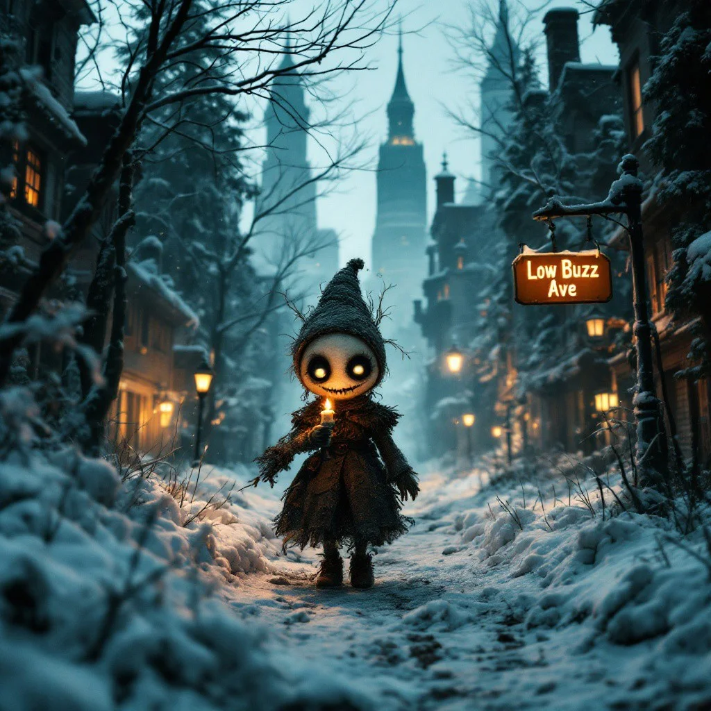 In a dimly lit snowy forest a snow-covered dystopian abandoned city, a small Austrian Burlap Doll girl with large black button eyes and a sinister grin emerges from the shadows. She holds a candle that casts an eerie glow on her jute-crafted head and the desolate surroundings. The street she walks down is lined with abandoned buildings and skyscrapers covered in overgrowth and snow; their festive charm now eerily juxtaposed with the bleak atmosphere. As she glides along. (A street sign reads: "Low Buzz Ave"), the city's secrets seem to whisper tales of old into her enigmatic ear.