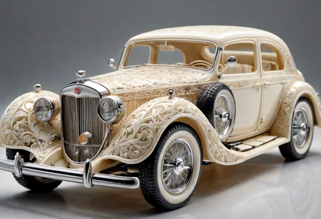 ivory_carving_style, beautiful picture of a car, closeup, made out of delicate and fragile fine original ivory material, whole body, masterpiece, flawless, elegant, vibrant details, (expansive view:1.4), (clear outlines:1.4), (ultra detailed:1.4), 64K, (high contrast:1.4), award winning, stunning, beautiful composition, clean sharp focus, SFW, realistic