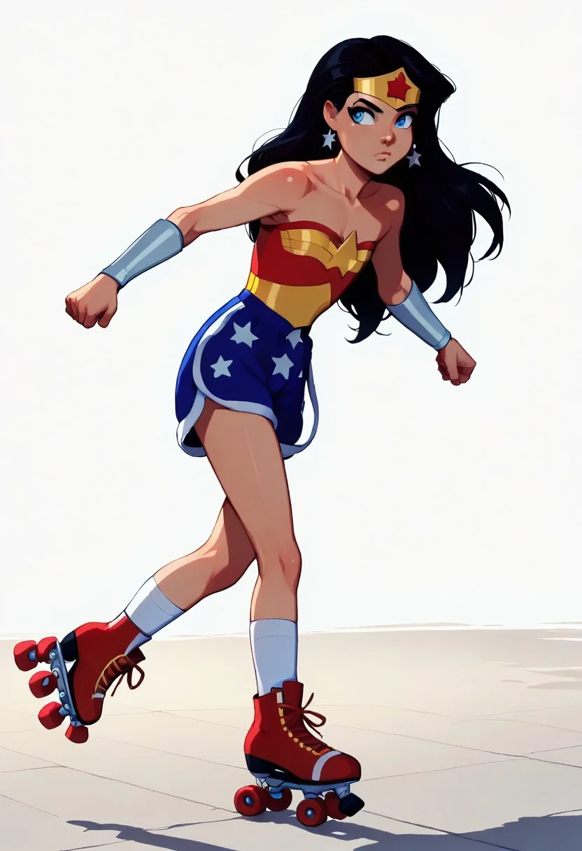 score_9, score_8_up, score_7, BREAK, solo, cute, 1girl, ww_ju, black hair, long hair, blue eyes, star (symbol), earrings, upper body focus, tiara, wrist braces, serious full body, Rollerskates, roller skates, running, sunlight, shadow, natural lighting