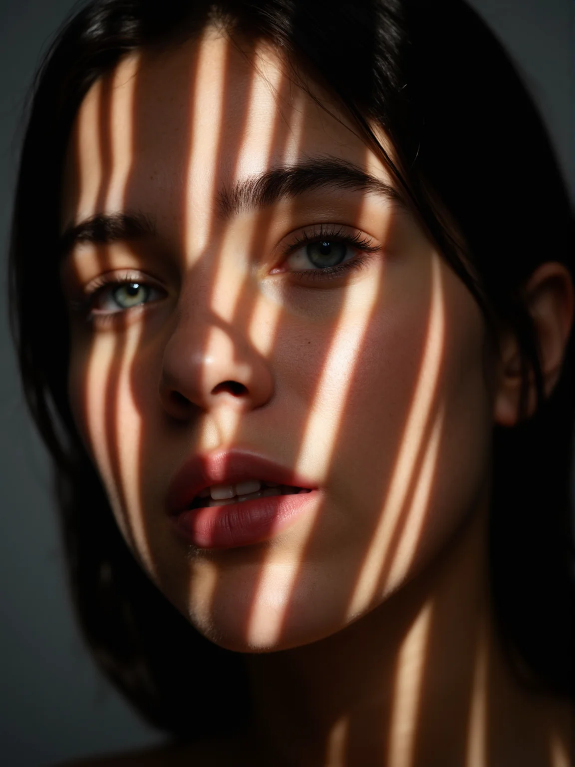 A photo of a (face bathed in patterned light:1.3), (speckled shadows:1.2), (captivating gaze:1.1), (contrast of light and texture:1.2), artistic interplay, (sharp luminous streaks:1.1), (detailed iris:1.1), Sony α7R IV, 1/320s, f/2.8, ISO 400, (enigmatic expression:1.2), (highlighted facial contours:1.1), (intimate portraiture:1.2), RAW file format, (visual rhythm:1.1), (intrinsic contrast:1.2).
