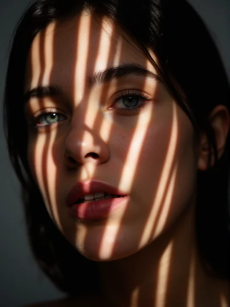 A photo of a (face bathed in patterned light:1.3), (speckled shadows:1.2), (captivating gaze:1.1), (contrast of light and texture:1.2), artistic interplay, (sharp luminous streaks:1.1), (detailed iris:1.1), Sony α7R IV, 1/320s, f/2.8, ISO 400, (enigmatic expression:1.2), (highlighted facial contours:1.1), (intimate portraiture:1.2), RAW file format, (visual rhythm:1.1), (intrinsic contrast:1.2).