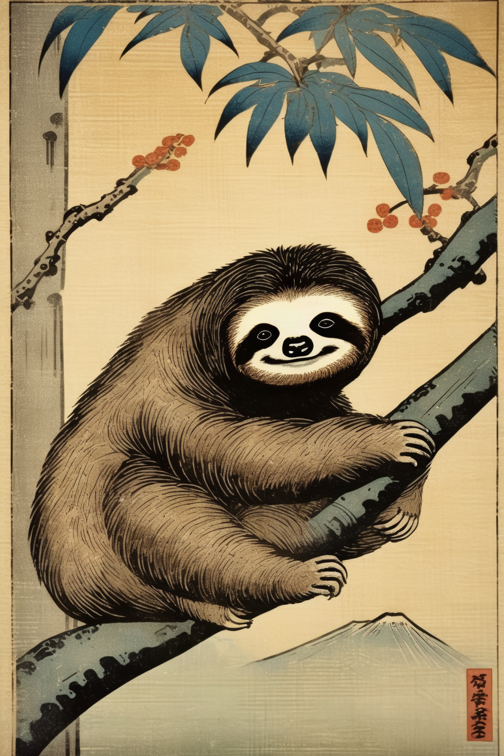 <lora:Ohara Koson Style:1>Ohara Koson Style - sloth on a tree branch in japanese woodblock print parchment background