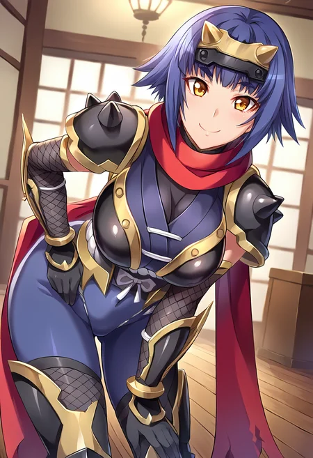 score_9, score_8_up, score_7_up, source_anime, masterpiece BREAK ct_k4guya, blue hair, short hair, large breasts, forehead protector, red scarf, blue bodysuit, armor, obi, shoulder armor, fishnets, elbow gloves, vambraces, greaves, looking at viewer, indoors, wooden floor, cowboy shot, leaning forward, smile,<lora:Kaguya_OnnaKanbu_Pony_ct:0.9>