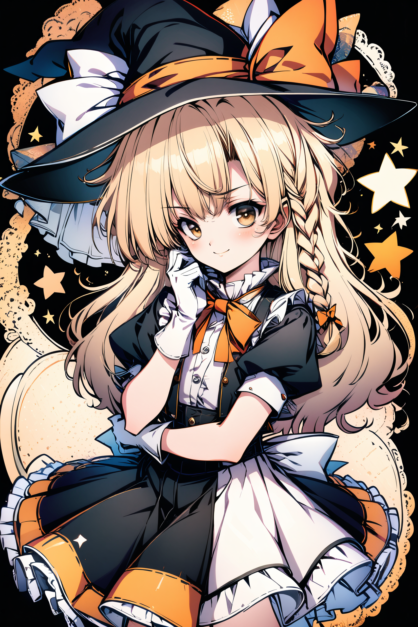 1girl,solo,kirisame marisa,hat,blonde hair,long hair,gloves,braid,witch hat,star (symbol),bow,yellow eyes,looking at viewer,short sleeves,single braid,white gloves,puffy sleeves,hat bow,puffy short sleeves,apron,black background,side braid,orange bow,vest,cowboy shot,black headwear,dress,closed mouth,frills,smile,skirt,adapted costume,waist apron,hair bow,hand on own face,ribbon,bowtie,shirt,blush,
<lora:Old Fashioned Celluloid_XL:1>,