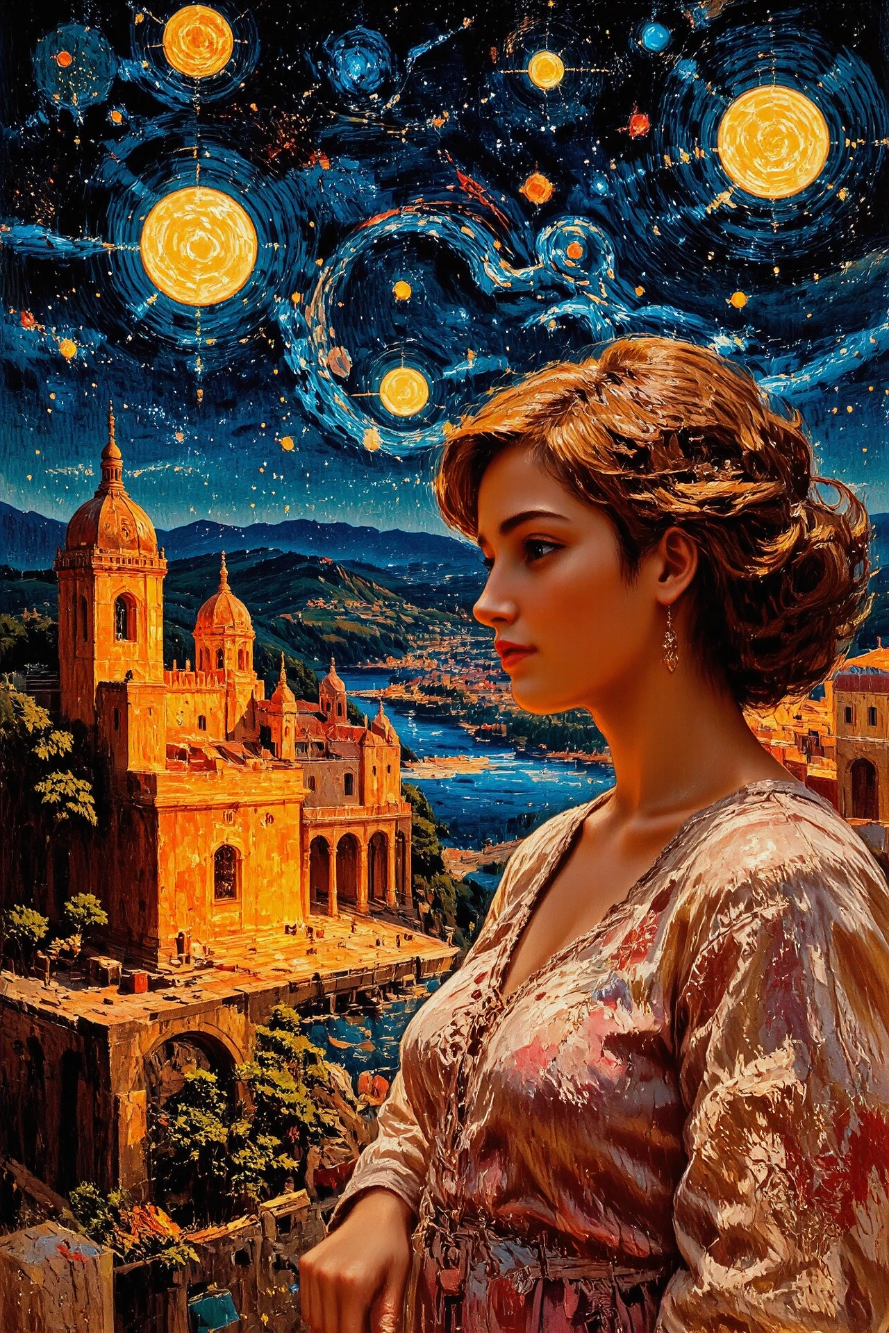 (roman city) Gabonese bright luminous starry night, beautiful landscape, woman, intricate, very detailed, sharp, colorful, multilayer surreal painting, <lora:Hand v2:1> <lora:Anti-Blur:1> <lora:Insane Detail Slider:0.5>   <lora:Flux.1_Turbo_Detailer:0.6> <lora:flux-photo-transparent_Alpha_1.0:0.8> <lora:flux.1_lora_flyway_Epic-detail_v2:0.6> <lora:Painterly01b_CE_FLUX_AIT:1> pntrlyCE_style, <lora:VividlySurreal:0.8>