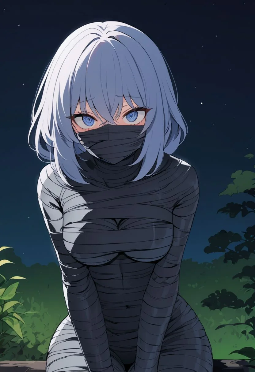 (Masterpiece), 1girl, high quality, expressive eyes, perfect face, front-facing head-to-thigh view, night, nature background. Anime girl, body mummified in black latex, perfect hair