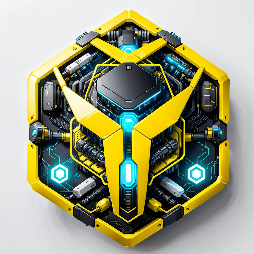 a hexagon with a cyberpunk , vector, <lora:badgemkrsdxl:0.9>, best quality, white background, yellow