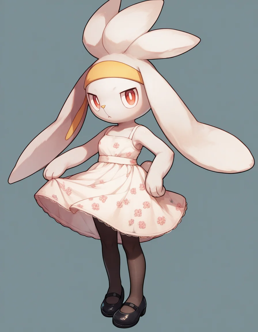 score_9, score_8_up, score_7_up, score_6_up, score_5_up, score_4_up, 1girl, full body, solo,
<lora:Raboot_v0-3:1> raboot, pokemon \(creature\), white fur, droopy ears, rabbit ears, rabbit tail, red eyes, looking at viewer, furry female, yellow hairband,
floral-sundress, mary-janes, lace-pantyhose