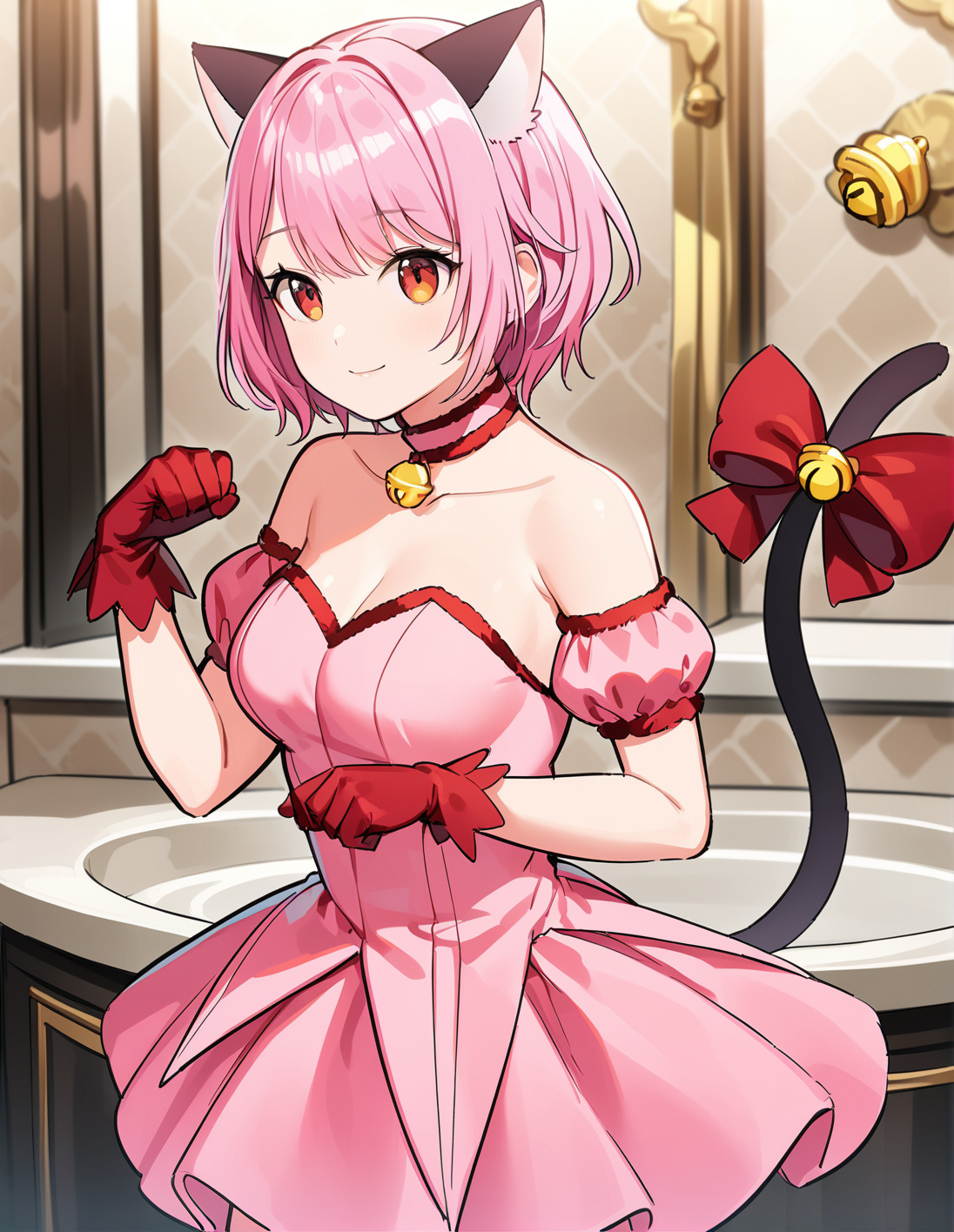 1girl, solo,  <lora:sdxl-lyco-mew_ichigo-cosplay-animagine_xl_3_1-AdamW8bit-v1-1-1:1:lbw=0,0,0,0,0,0,0,0,1,1,0,0,0,0,1,1,1,0,0,0,0,0,0,0,0,0>, mew_ichigo_cosplay, cornrows hair, pink hair,   , tail bow, gloves, cat tail, red gloves, tail bell, choker, detached sleeves,pink dress, strapless, relaxed posture, elbows extended, standing,  ,,smile, best quality, very aesthetic, ultra-detailed, intricate details, 4k,BREAK  in a luxurious bathroom