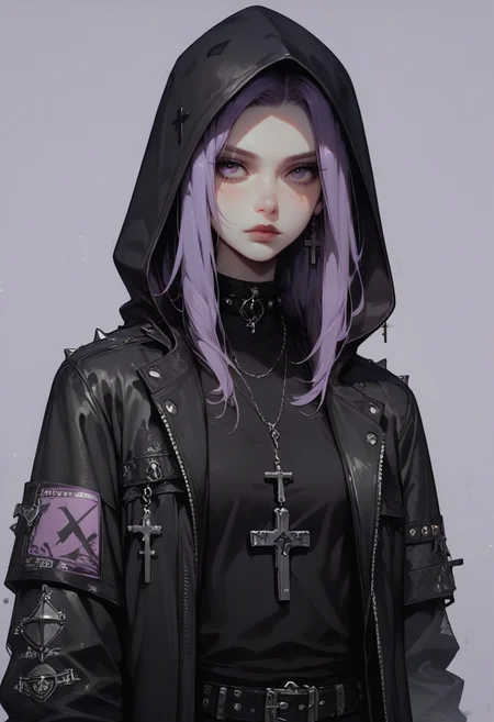 score_9, score_8_up, score_7_up, Goth girl, goth girl 1girl, monochrome, hood up, black pants, spot color, purple hair, black cat, grey background, shirt, purple background, cross, <lora:[GP] somethingweird [Pony XL]:0.2>, <lora:g0th1cPXL:0.3>, <lora:Concept Art Twilight Style SDXL_LoRA_Pony Diffusion V6 XL:0.8>,  <lora:Goth_girl_XL-v2:0.8>