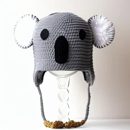 gray animal hat, animal beanie, koala hat, koala beanie, fur ears, fur pompoms