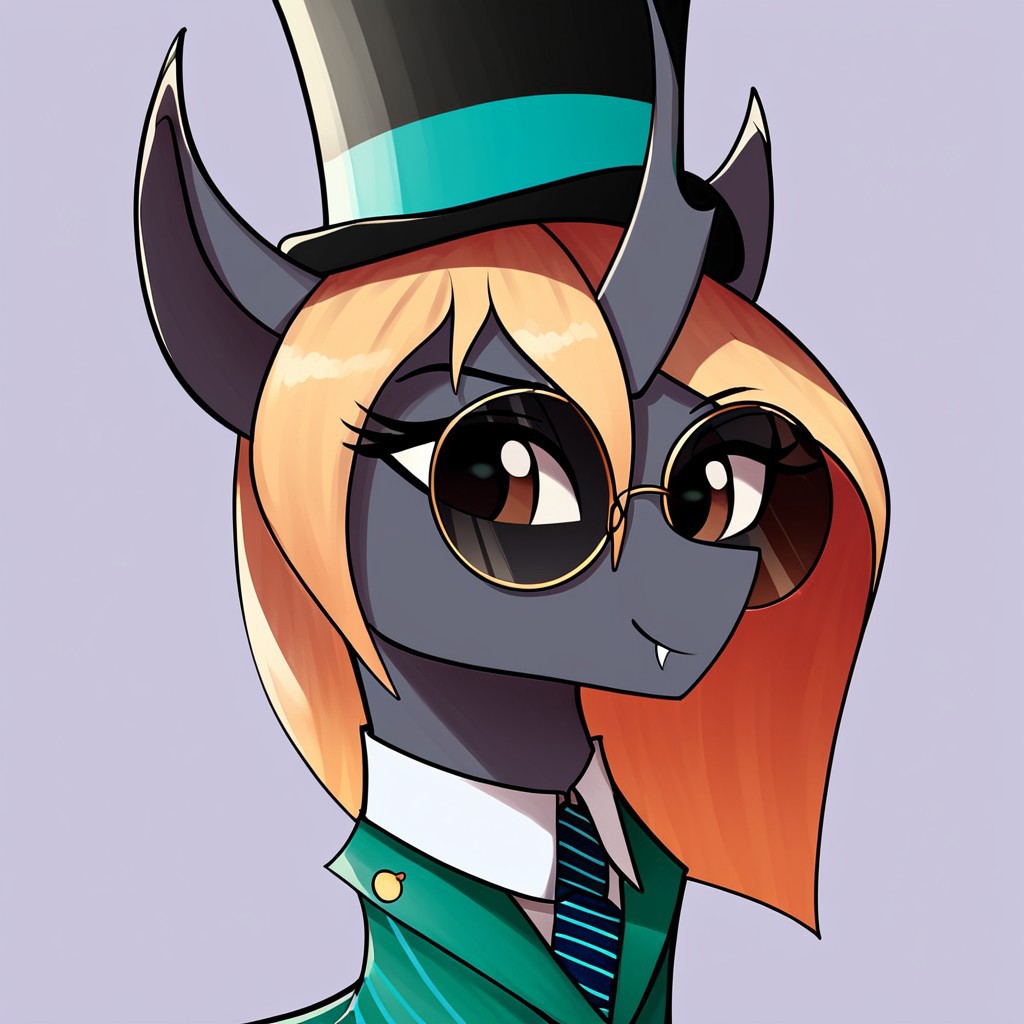 masterpiece, score_9_up, score_8_up, score_7_up, score_6_up, (best quality:1.1), ultra-detailed, high resolution, 1character, solo, Helvia, changeling queen oc, mlp, feral, ears, (((beautiful detailed light-brown eyes))), single horn, black skin, long blonde mane, smirk, round sunglasses, fang, green suit, brooch, long top hat, necktie, portrait, simple background, ((8k)) shiny, shadows, highly visible, sharp focus, anatomically correct, extremely detailed, expressive