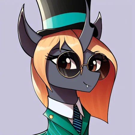masterpiece, score_9_up, score_8_up, score_7_up, score_6_up, (best quality:1.1), ultra-detailed, high resolution, 1character, solo, Helvia, changeling queen oc, mlp, feral, ears, (((beautiful detailed light-brown eyes))), single horn, black skin, long blonde mane, smirk, round sunglasses, fang, green suit, brooch, long top hat, necktie, portrait, simple background, ((8k)) shiny, shadows, highly visible, sharp focus, anatomically correct, extremely detailed, expressive