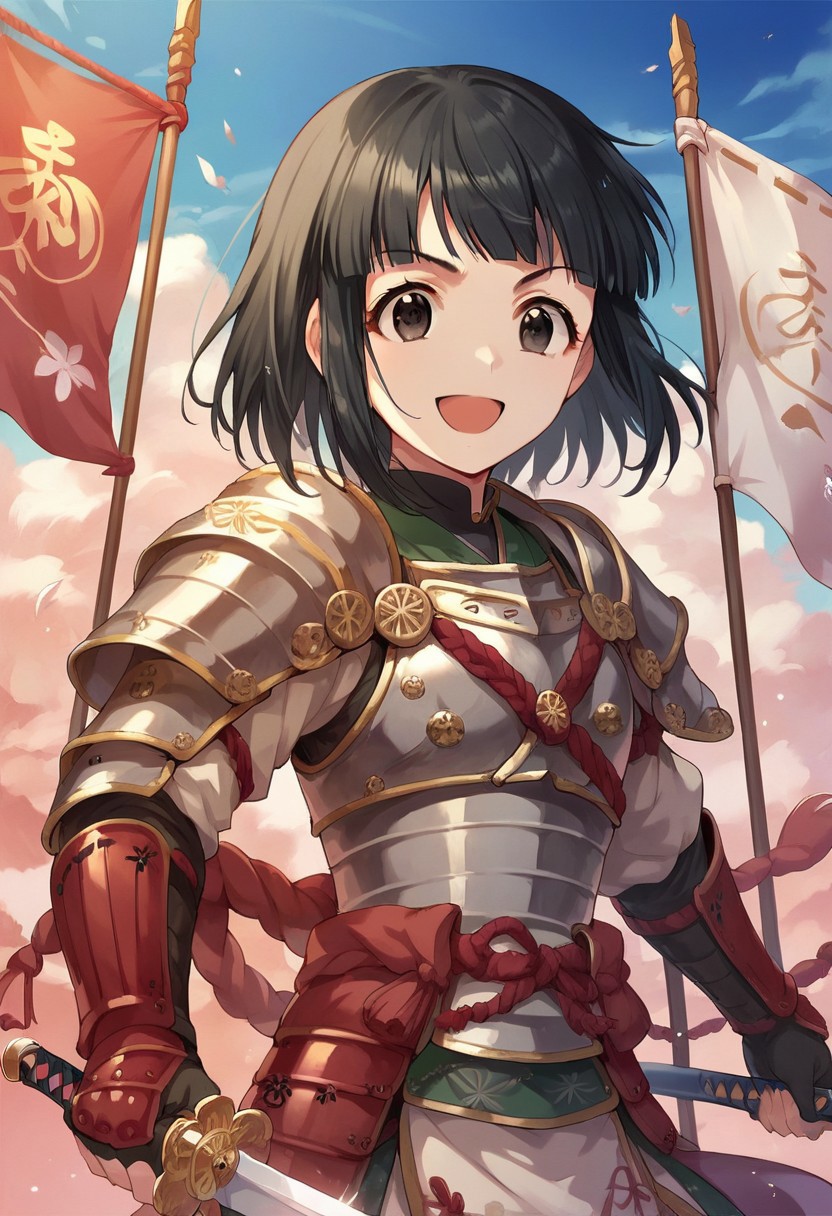 score_9, score_8_up, score_7_up, source_anime,niwa hitomi, black hair, short hair, black eyes, japanese armor, weapon, smile, armor, open mouth, sword, banner, solo focus