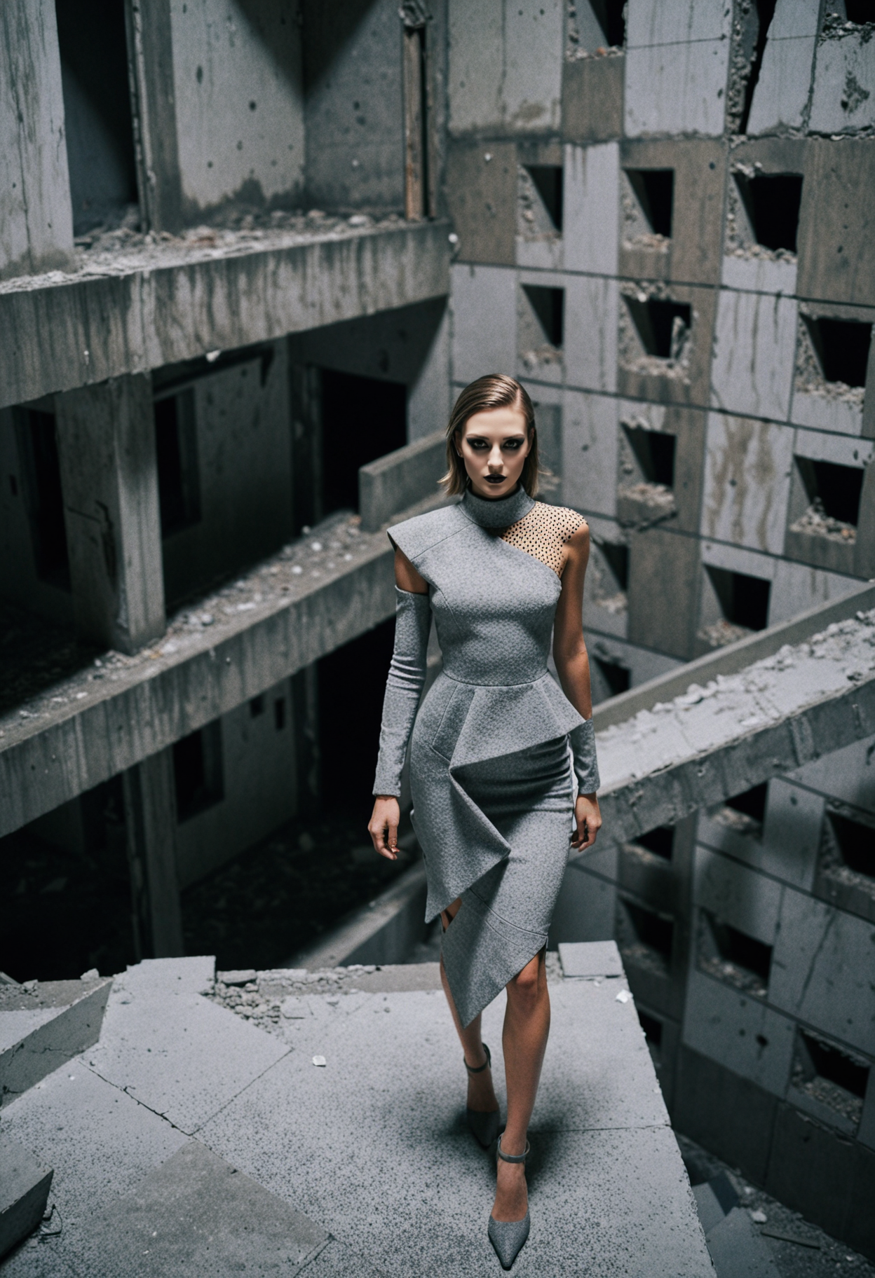 rp_slgd, editorial photo, high angle shot of 1girl topmodel aesthetically posing walking while wearing an asymmetrical avant-garde couture made of geometrical materials in grey color and dotted pattern, set in an abandoned brutalist building, artful architecture with angular shapes, nighttime, highly detailed, film grain   <lora:dmd2_sdxl_4step_lora>
