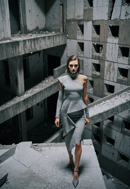rp_slgd, editorial photo, high angle shot of 1girl topmodel aesthetically posing walking while wearing an asymmetrical avant-garde couture made of geometrical materials in grey color and dotted pattern, set in an abandoned brutalist building, artful architecture with angular shapes, nighttime, highly detailed, film grain   <lora:dmd2_sdxl_4step_lora>