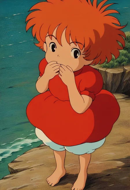 1girl, solo, retro artstyle, ponyo, 1girl, short hair, dress, solo, barefoot, orange hair, black eyes, red dress, bloomers, hand on mouth, looking at viewer, from above, seaside, cliff, score_9