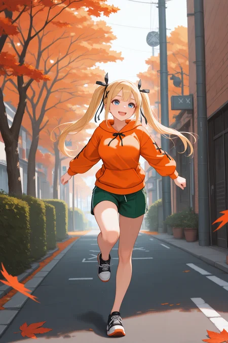 masterpiece, best quality, 1girl, solo <lora:marierose-illu-nvwls-v1-000006:1> mrirs, blonde hair, twintails, long hair, blue eyes, black ribbon, hair ribbon, x hair ornament, orange hoodie, green shorts, sneakers, running, wide shot, street, autumn, happy, medium breasts