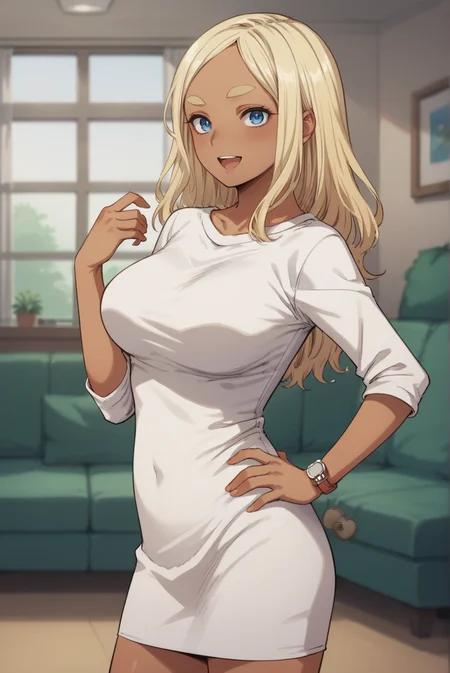 score_9, score_8_up, score_7_up, score_6_up, score_5_up, score_4_up, BREAK source_anime, 1girl, solo,
<lora:MerylXL-v1-07:0.7>, ChopioMeryl, dark-skinned female, long hair, blonde hair, thick eyebrows, blue eyes, looking at viewer,
large breasts,
outfit_1, white dress, short dress, sweater dress, sleeves pushed up, wristwatch,
living room, standing, smile, hand on own hip, open mouth, happy, from side, contrapposto,