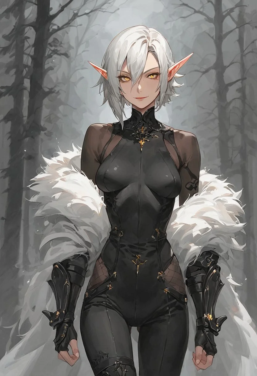 score_9, score_8_up, score_7_up, high detailed, high quality, source_anime, concept art, Expressiveh, easynegative, watercolor \(medium\), traditional media, kdmstyle,
...
1girl, solo, mature, curvy body, small breast, blood_elf,
pointed ears, multiple piercings, pale skin, gold eyes,
white hair, short hair, hair between eyes, Arlecchino hair style,
beauty face, smile,
...
black bodysuit, long sleeves, black pants, gauntlets, fingerless gloves, white feather boa,
walking, touching tree,
...
cowboy shot, looking at viewer,
forest, trees, fog,