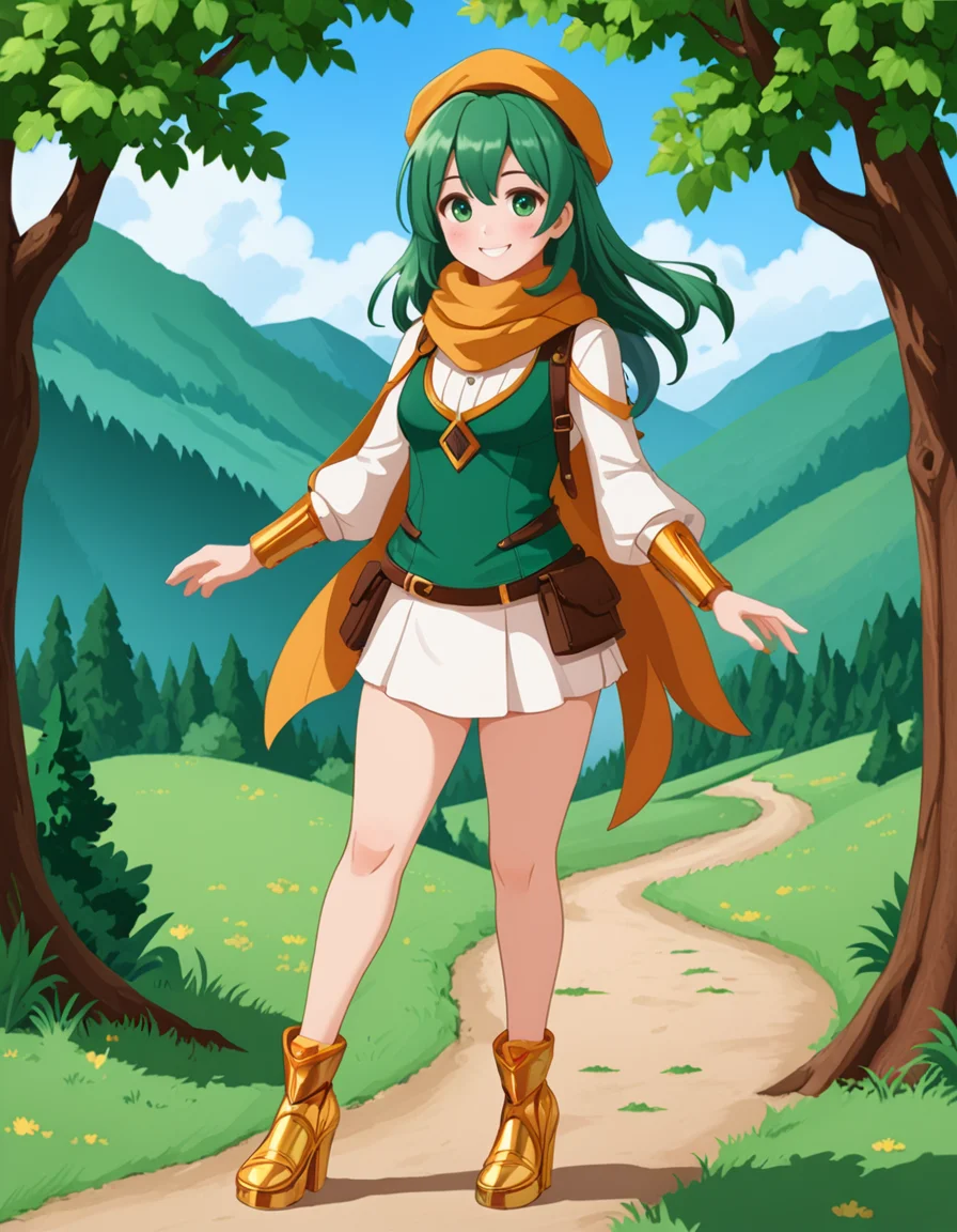 OneStepFromEdenStyle, 1girl, wide_hips, blush}, solo, outdoors, [amber] scarf, [Emerald] eyes, [amber] hair, smile, full_body, high_fantasy, gold footwear
 <lora:OneStepFromEdenStyle_Illustrious:1>
