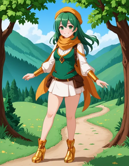 OneStepFromEdenStyle, 1girl, wide_hips, blush}, solo, outdoors, [amber] scarf, [Emerald] eyes, [amber] hair, smile, full_body, high_fantasy, gold footwear
 <lora:OneStepFromEdenStyle_Illustrious:1>