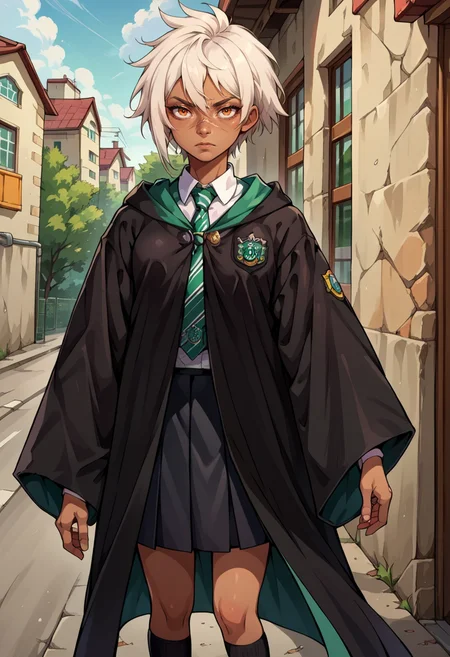 score_9, score_8_up,score_7_up, source_anime, 1girl, solo, <lora:Bullet_BB:0.8>, bulletbb, white hair, short hair, orange eyes, dark-skin, dark-skinned female, scar on face, <lora:EPRobeSlytherinPDXL:1>, EPRobeSlytherin, wearing EPRobeSlytherin, black robe, hood down, wide sleeves, green necktie, diagonal-striped necktie, white shirt, collared shirt, badge, black skirt, black legwear, kneehighs, standing, outdoors,