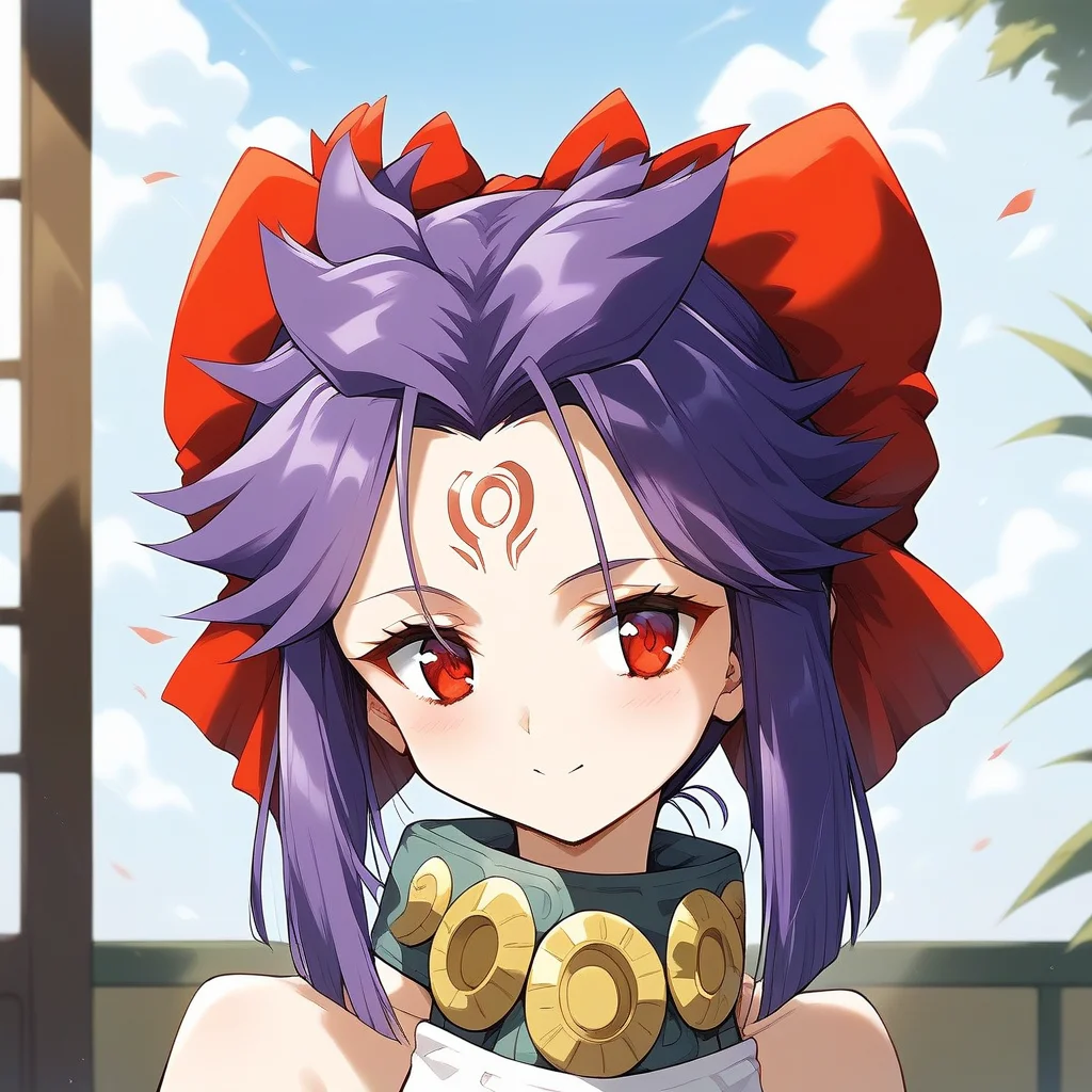 score_9, score_8_up, score_7_up, source_anime, rating_explicit, BREAK <lora:kakurine_Ver2.1_XL:1> kakurine, forehead mark, red eyes, purple hair, long hair, sidelocks, hair bow, red bow, collar,
headshot.
tatami, Japanese room,