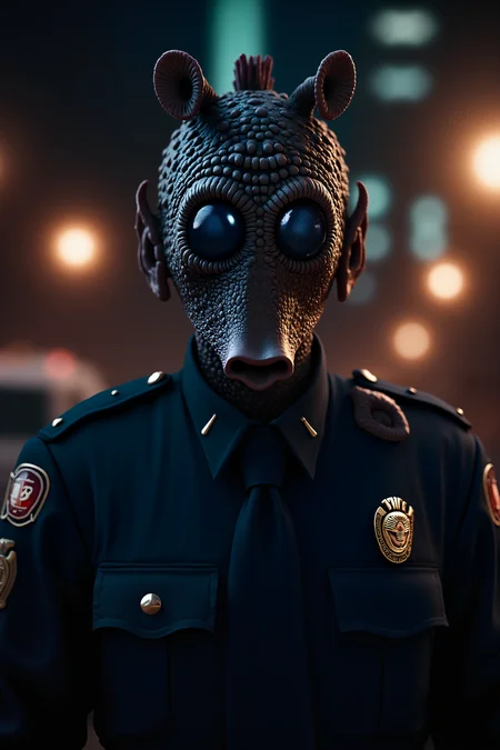 A hyper-realistic portrait, photorealistic photo close-up image of A full body shot of Rodian security officer on the street (photography, high-resolution, dynamic, energetic,hyper-realistic, dramatic lighting, shallow depth of field.), detailmaximizer, MythP0rt<lora:detailed_flux_ntc:2.2><lora:aidmaImageUpgrader-FLUX-V0.1:0.65><lora:RODIAN_1:1.1>
