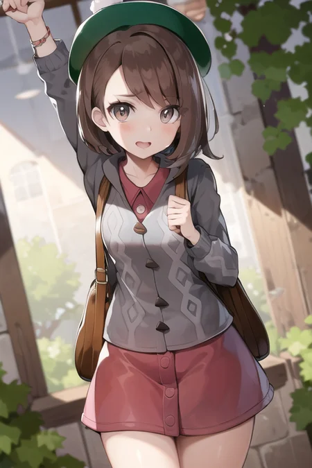 best quality, masterpiece, gloria \(pokemon\), pink dress, cardigan, tam o' shanter, green headwear, dynamic pose, forest <lora:pokemonGloria_v10:0.8>