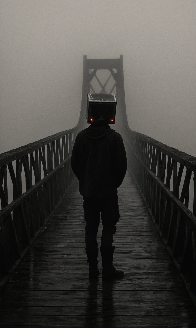 man, bridge, mist, dark, box head, huleebstyle, helmet, dark, monochrome, (simple:1.2), <lora:HuleebStyle_v1:0.85>
