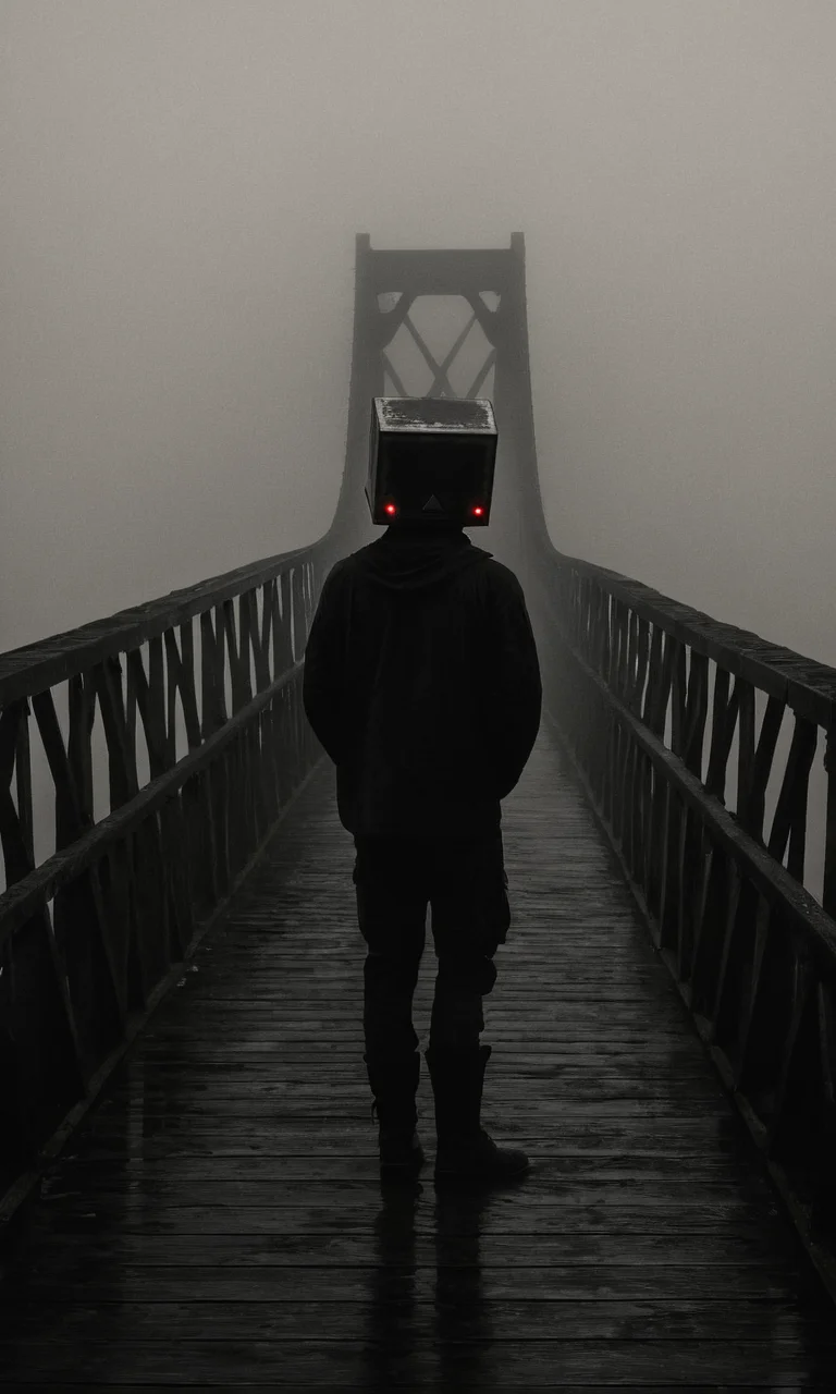 man, bridge, mist, dark, box head, huleebstyle, helmet, dark, monochrome, (simple:1.2), <lora:HuleebStyle_v1:0.85>