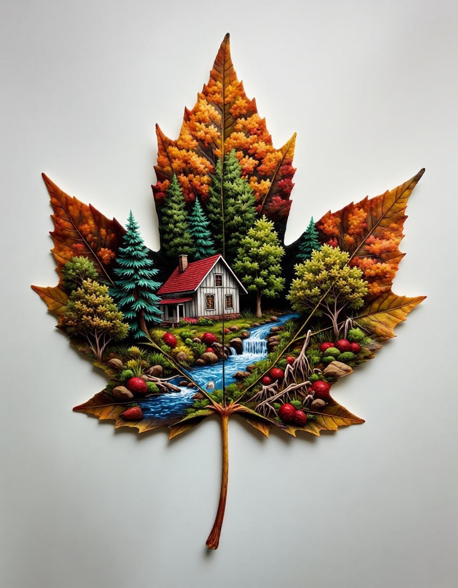 double-exposure. This is a photograph of a leaf, likely from a maple tree, which has been carefully painted to depict a serene, picturesque landscape. The leaf, with its characteristic veined texture, is the central focus. The painting on the leaf features a charming, detailed scene of a rustic cabin nestled in a lush forest. The cabin, with a red roof and white walls, stands amidst vibrant green foliage, with a winding stream flowing through the foreground.