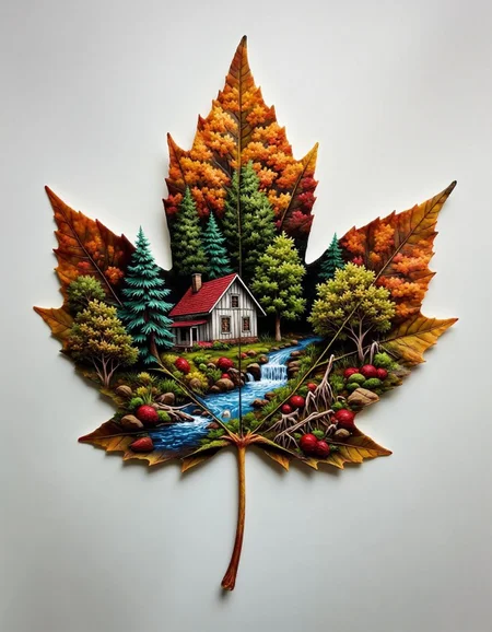 double-exposure. This is a photograph of a leaf, likely from a maple tree, which has been carefully painted to depict a serene, picturesque landscape. The leaf, with its characteristic veined texture, is the central focus. The painting on the leaf features a charming, detailed scene of a rustic cabin nestled in a lush forest. The cabin, with a red roof and white walls, stands amidst vibrant green foliage, with a winding stream flowing through the foreground.