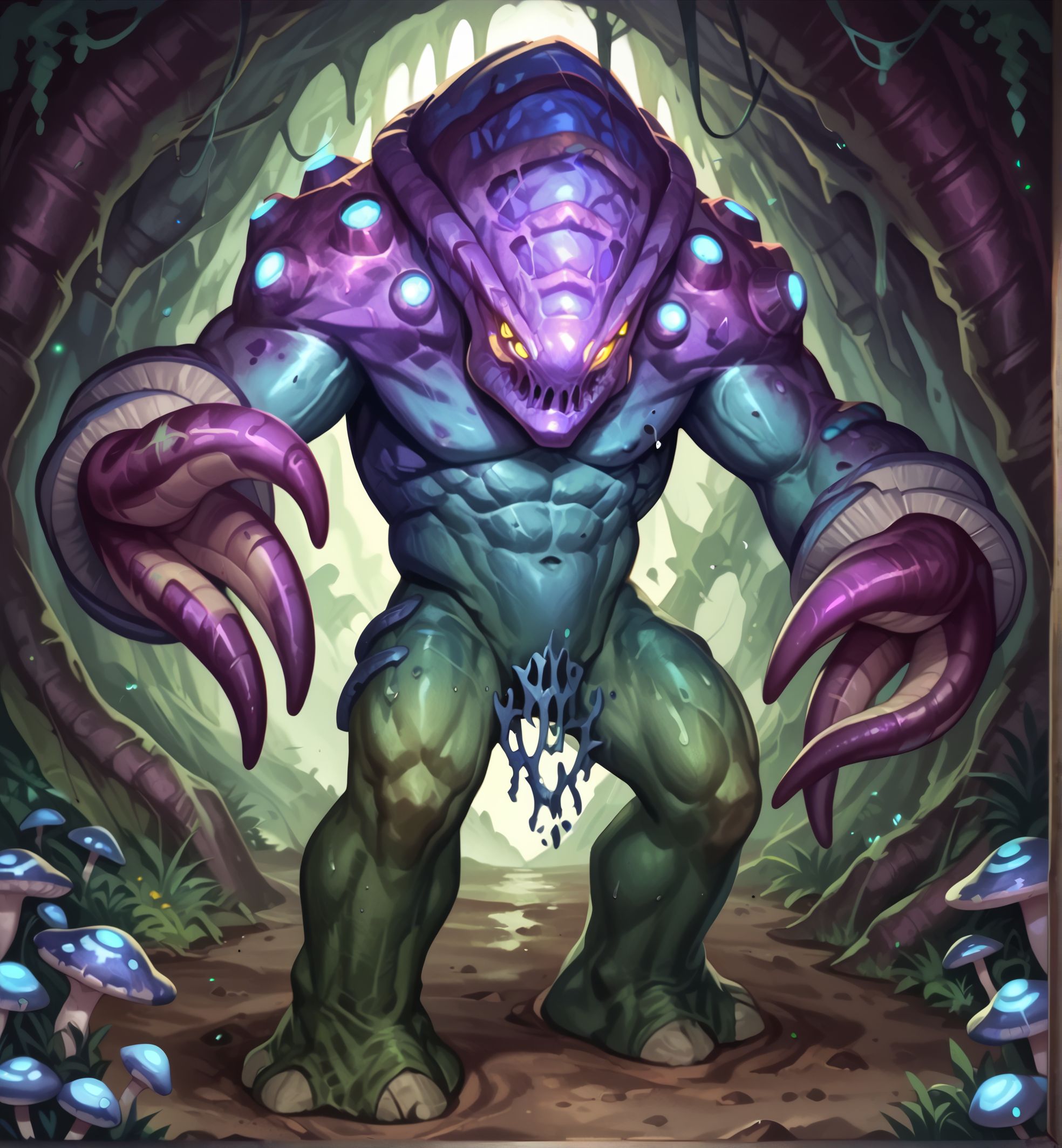 score_9_up,score_8_up,score_7_up,score_6_up,score_5_up,score_4_up, detailed, (best quality:1.2), hi res, digital media \(artwork\), source_furry, source_monster, BREAK,
solo, fungal cave, mushrooms, standing, full body, attacking, arms raised, purple skin,
fungalGiant, monster, creature, glowing eyes, four eyes, yellow eyes, (tentacle hands), hunchback, muscular, wide chest, large shoulders, thick thighs, pectorals, thick legs, thick arms, mushroom cap arms, textured skin, glowing shoulders , ((three tentacle fingers)), (thick legs),
<lora:Fungal_Giant_for_PonyXL:0.8>, <lora:AdvancedEnhancerXLv2:2>