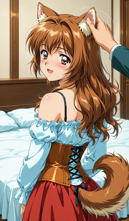 <lora:et-pet:0.7>
dog tail,
1girl, solo,
animal ears, tail, long hair, blush, brown hair,
open mouth, animal ear fluff, skirt, brown eyes, looking at viewer, bare shoulders, looking back, corset, long sleeves, headpat, shirt,
pov:2, front view:2,
standing, standing still,
smile,
nsfw,
1990s (style),
anime coloring:2,
masterpiece, beatuiful face, best quality,
white bed, indoors,