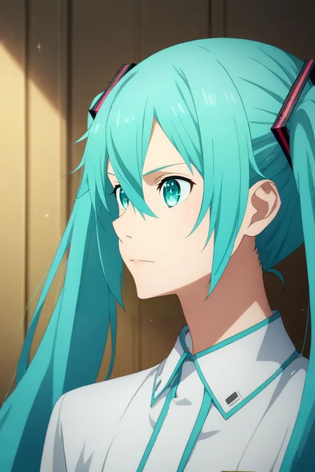 score_9, score_8_up, score_7_up, source_anime, rating_safe, , (realistic:0.6), , , 1girl, hatsune miku, aqua eyes, aqua hair, twintails, hair between eyes, long hair, solo, profile, school, indoors, arms at sides, sparkling eyes, <lora:sao_alicization_style_pony:0.8>, sao_alicization_style, <lora:sdxl_lightning_8step_lora:1>