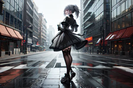 highly insanely detailed, masterpiece, top quality, best quality, highres, 4k, 8k, RAW photo, (very aesthetic, beautiful and aesthetic),
(code_style,codestyle),
<lora:CodeStyle (half generic class)_564920:0.6>,
(1girl:1.3), 1other,
street corner,gray background,âââ