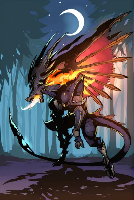 highres, best quality, masterpiece, very aesthetic, newest,solo,dorugoramon,wings,horns,tail,final fantasy, full color,intricate linework,hard shadow,shaded face,full body,vivid detail,gothic,breathing fire,flame aura,outdoors,forest,trees,crescent moon, moon,stars, <lora:DorugoramonIllustrious:1>