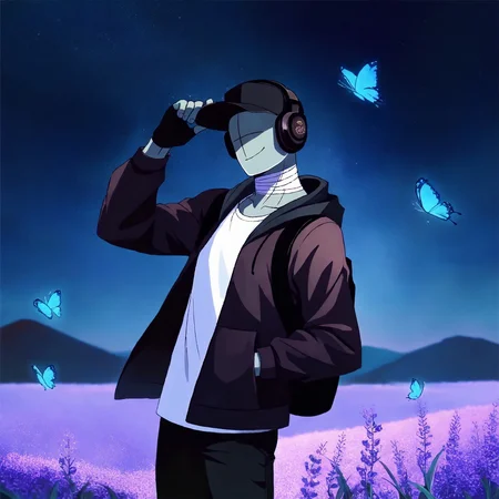 masterpiece, best quality, oil painting, d3im0s, colored skin, grey skin, facial mark, no eyes, no eyebrows, no nose, bald, bandaged neck, 1boy, solo, smile, closed mouth, standing, from side, looking at viewer, head tilt, hand in pocket, adjusting headwear, black gloves, fingerless gloves, black hat, baseball cap, black headphones, black hoodie, open hoodie, hood down, floating hoodie, white shirt, black pants, black backpack, outdoors, night, scenery, starry sky, flower field, lavender (flower), mountainous horizon, blue butterflies, windy, dark background, cowboy shot, depth of field