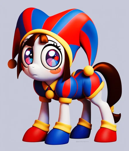Score_9,score_8_up,score_7_up,score_6_up,score_5_up,score_4_up,(source_pony),furry,blue eyes,red eyes,mismatched eyelashes,blush stickers,pale skin,jester cap,multicolored headwear,red horseshoe,blue horseshoe,coloured horse tail,cuteg,cartoonized,all fours,full body,looking at viewer,no humans,simple background,<lora:Role_Pomni:0.8>,