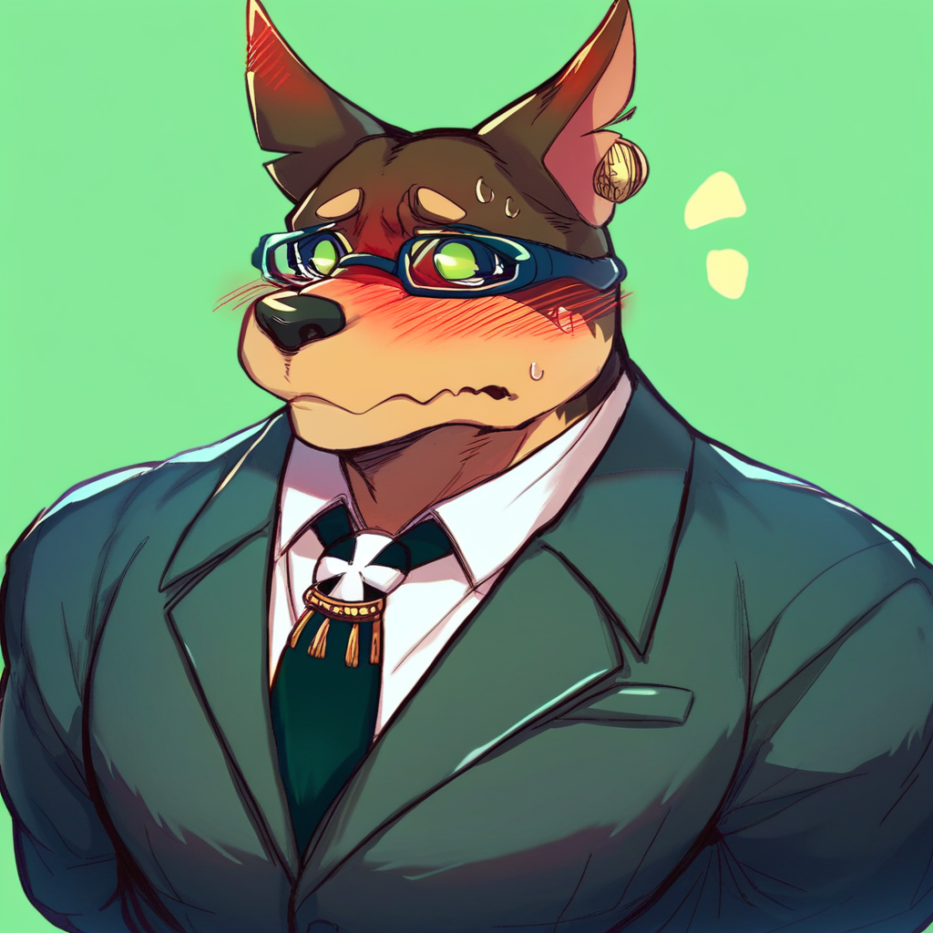 score_9, score_8_up, score_8, furry, Xolotl, Doberman, green eyes, glasses, cartoon style, 2d, muscular male, huge pecs, solo, upper body focus, suit, necktie, arms behind back, blush, looking away, facing forward, nervous expression, blush, green background