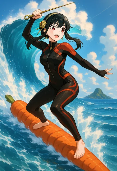 masterpiece, best quality, 1girl, solo, eyelashes, (beautiful eyes), C4rr0tR1d3r, surfing, Yor Briar, Yor Forger, 1girl, black hair, red eyes, short hair with long locks, gold hairband, hair flower, black choker , breasts, smile, short hair, open mouth, bangs, brown hair, long sleeves, brown eyes, medium breasts, full body, :d, outdoors, sky, barefoot, teeth, day, cloud, medium hair, water, feet, blue sky, bodysuit, toes, ocean, waves, surfboard, wetsuit ,<lora:C4rr0tR1d3r_IXL_v1:1.0>,