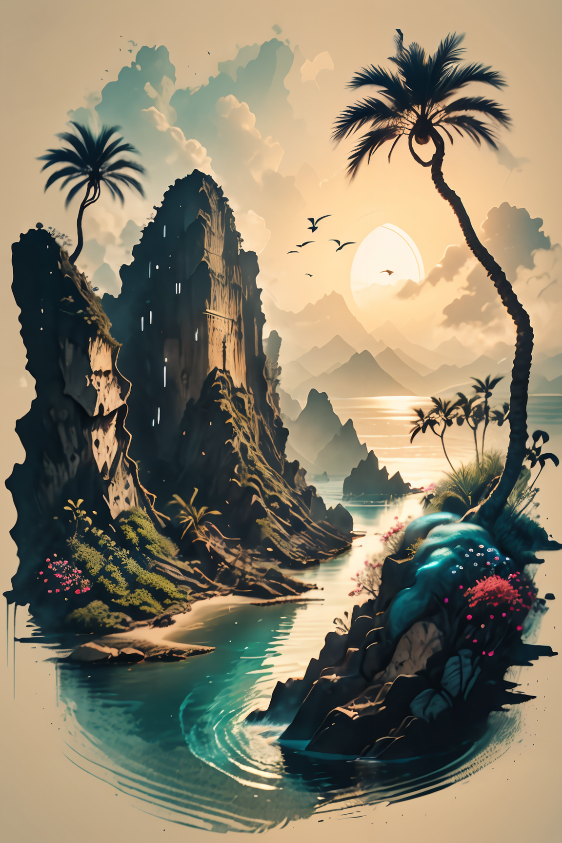 <lora:Calligraphy-ink-style-darquelilly-v1:1> calligraphyinkstyle,a blue lagoon, palm trees and white lilies, in the center is a huge waterfall as a cave entrance, crystal clear sea water, peacful atmosphere, volumetric lighting, <lora:dAIversity-LoRAtest-Photoreal-SD15-01:0.7>