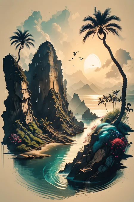 <lora:Calligraphy-ink-style-darquelilly-v1:1> calligraphyinkstyle,a blue lagoon, palm trees and white lilies, in the center is a huge waterfall as a cave entrance, crystal clear sea water, peacful atmosphere, volumetric lighting, <lora:dAIversity-LoRAtest-Photoreal-SD15-01:0.7>