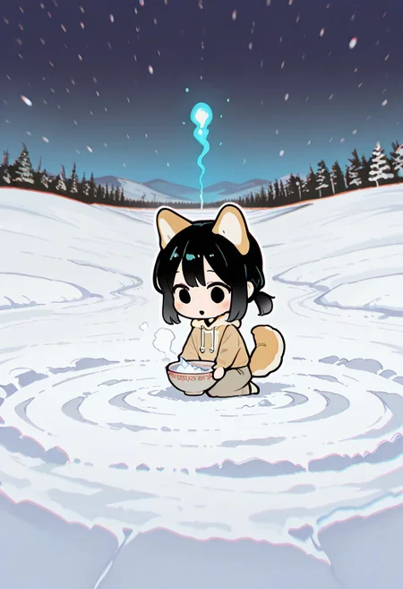 masterpiece,best quality,amazing quality, 1 woman 25yo, in a snow field, black hair, shiba ears, shiba tail (flat cute color 0.9), chibi style, near a bowl, quizzical look
white outline glow, chromatic aberration, high res image, high res image