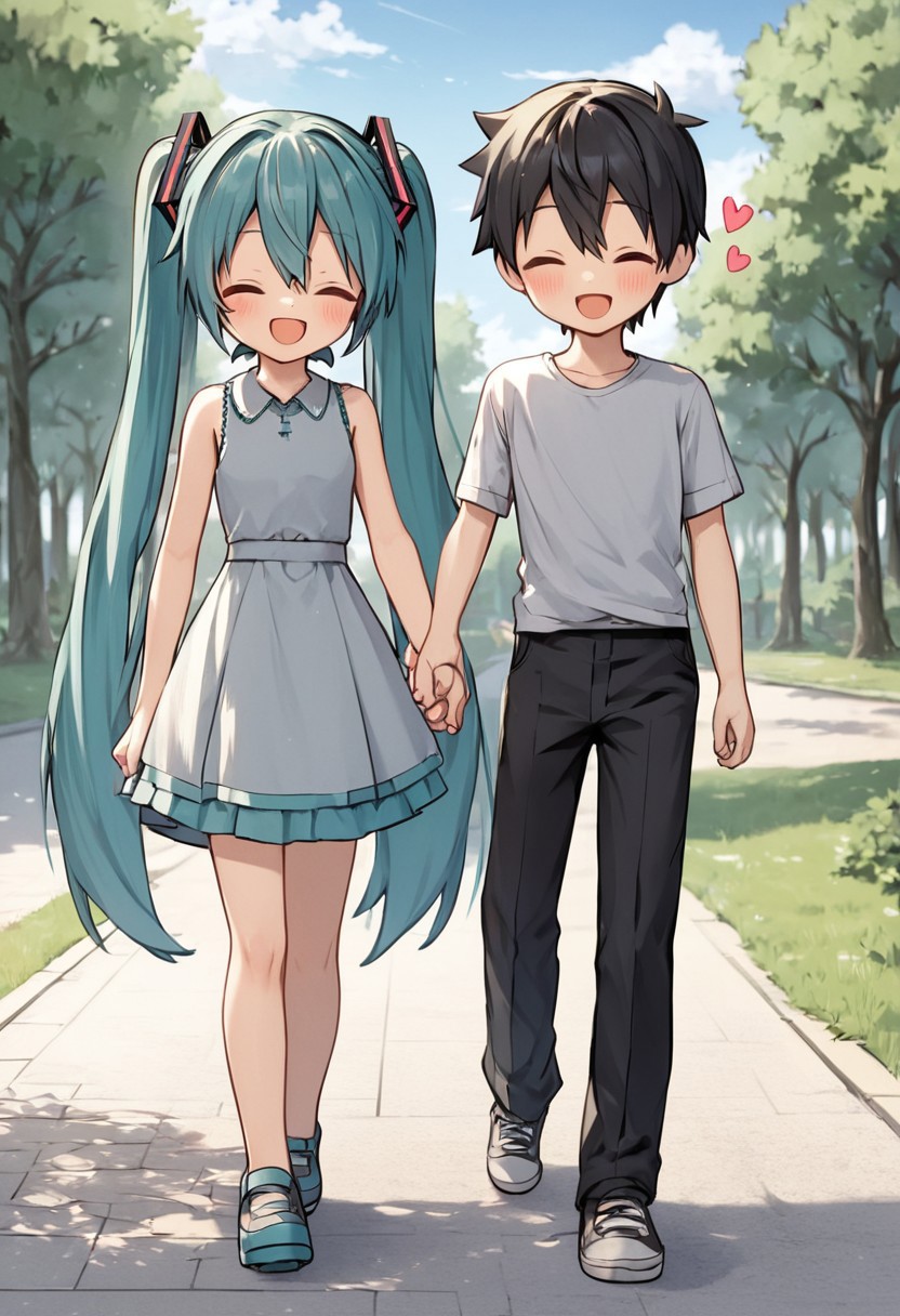 score_4,score_5,score_6,score_7_up,score_8_up,score_9 ((masterpiece,best quality,ultra detailed,highres,HD,4k:1.2)), 
chibi,full body,
hetero,girl focus,
hatsune miku,absurdly long hair,aqua hair,twintails,hair ornament,sidelocks,hair between eyes,parted bangs,aqua eyes,
black short hair boy,
Walking hand in hand, dating,
outdoor, Park, blue sky,heart symbol, heart effect,
smile,happy,closed eyes,open mouth,
