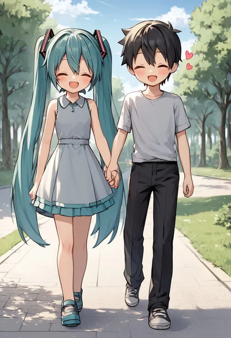 score_4,score_5,score_6,score_7_up,score_8_up,score_9 ((masterpiece,best quality,ultra detailed,highres,HD,4k:1.2)),
chibi,full body,
hetero,girl focus,
hatsune miku,absurdly long hair,aqua hair,twintails,hair ornament,sidelocks,hair between eyes,parted bangs,aqua eyes,
black short hair boy,
Walking hand in hand, dating,
outdoor, Park, blue sky,heart symbol, heart effect,
smile,happy,closed eyes,open mouth,